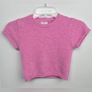 Forever 21 Girl's Fuzzy Knit Crop Short Sleeve Sweater Size Small Pink